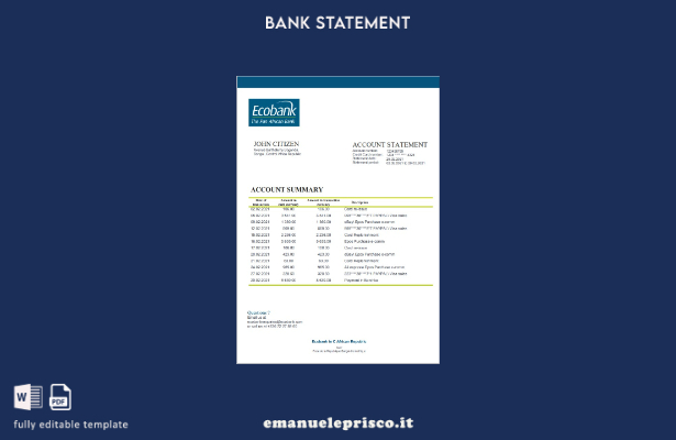 modello word di estratto conto bancario Ecobank della Repubblica Centrafricana s
